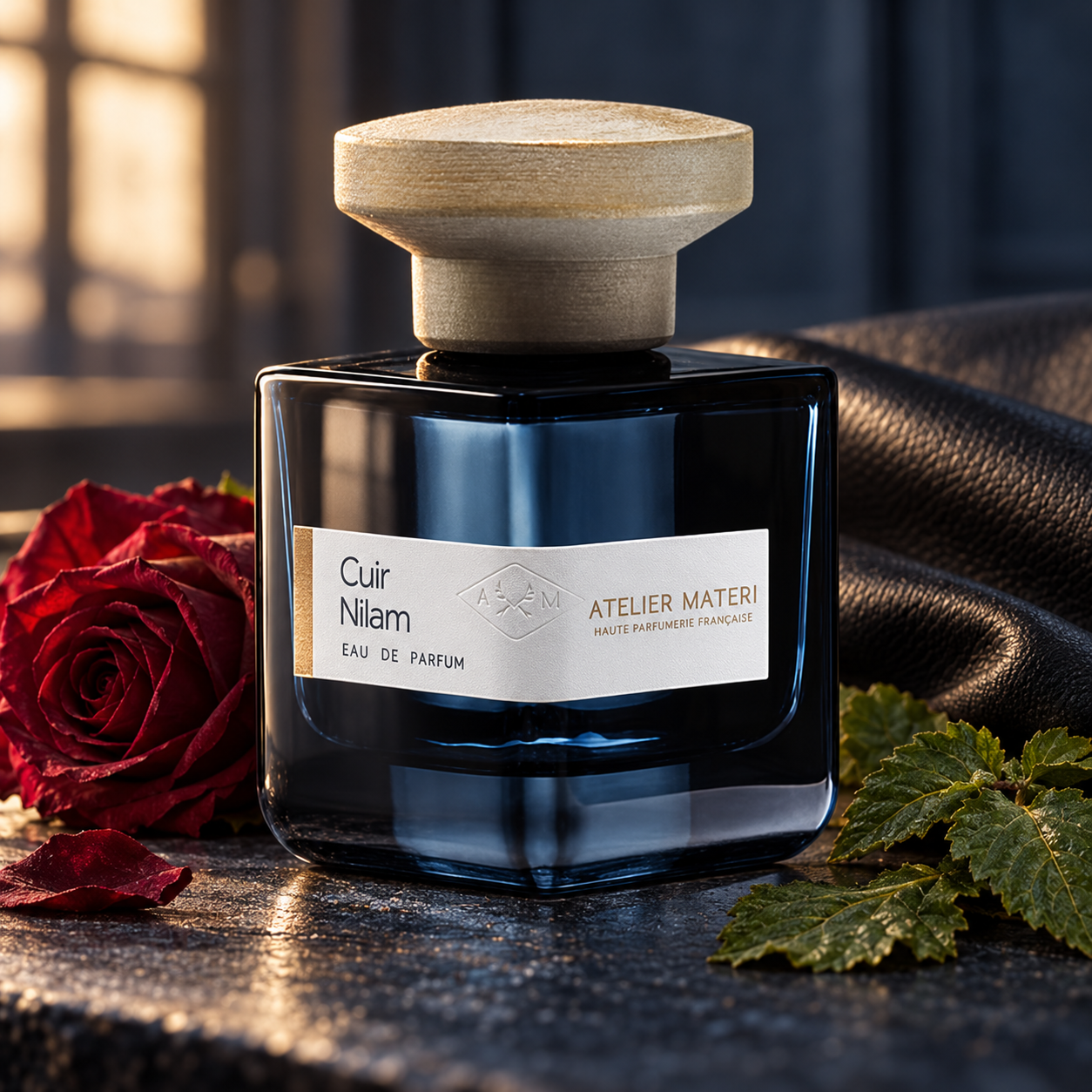 Atelier Materi Cuir Nilam dark blue bottle beside a red rose, patchouli leaves and black leather in warm atelier window light.