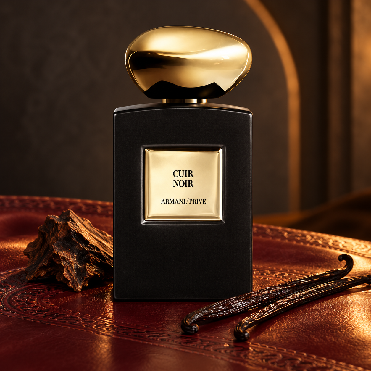 Giorgio Armani Cuir Noir black bottle with gold cap on burgundy leather beside vanilla pods and oud wood in warm amber light.