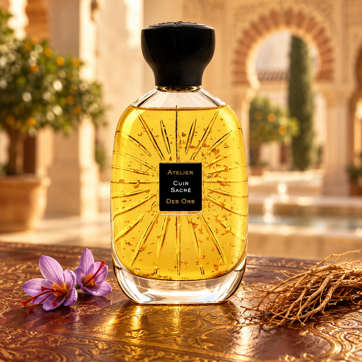 Atelier des Ors Cuir Sacre gold-flecked bottle on embossed leather beside saffron crocus flowers and vetiver roots in an Andalusian courtyard.