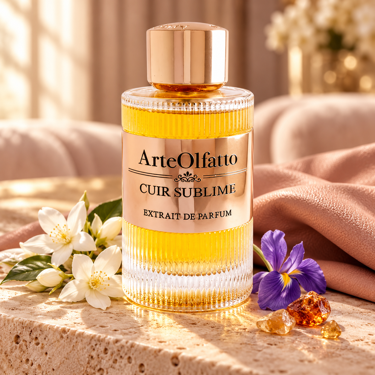 ArteOlfatto Cuir Sublime golden bottle on cream stone and blush leather beside jasmine, iris and amber resin in soft window light.