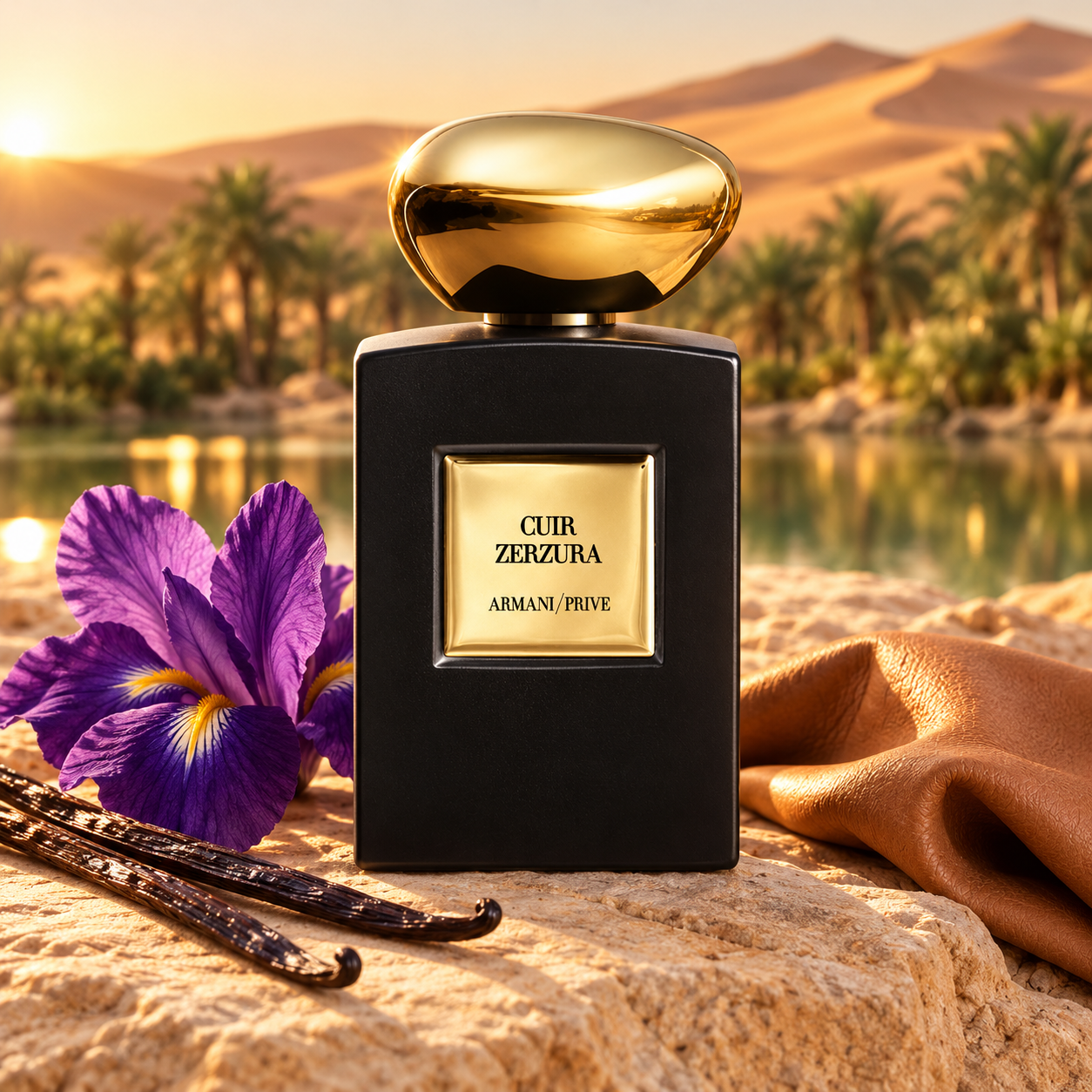 Giorgio Armani Cuir Zerzura bottle beside purple iris, vanilla pods and tan leather on sandstone overlooking a sunlit desert oasis.