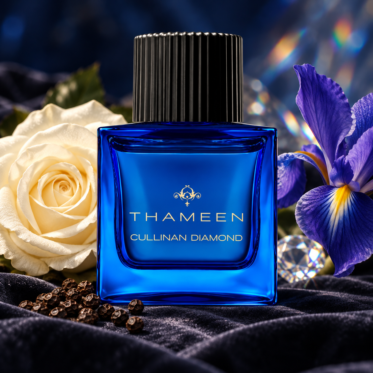 Thameen Cullinan Diamond cobalt blue bottle on dark velvet beside an ivory rose, iris, peppercorns and a faceted crystal.