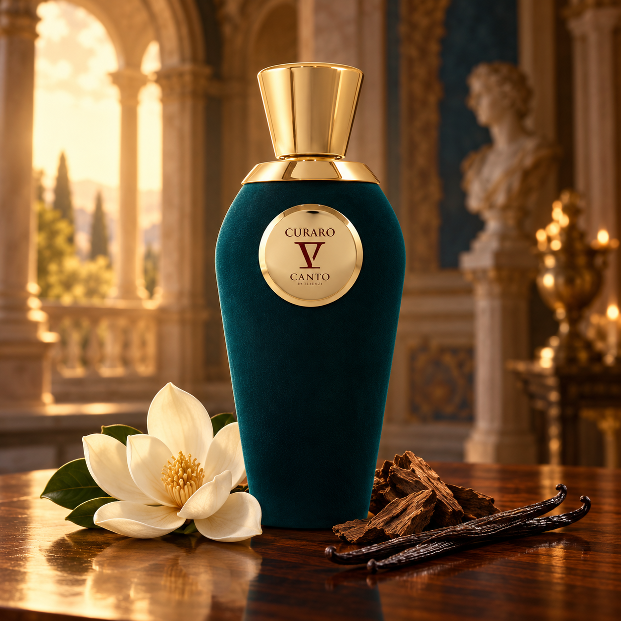 V Canto Curaro teal bottle with gold cap beside magnolia, oud wood and vanilla pods on walnut in warm palace window light.
