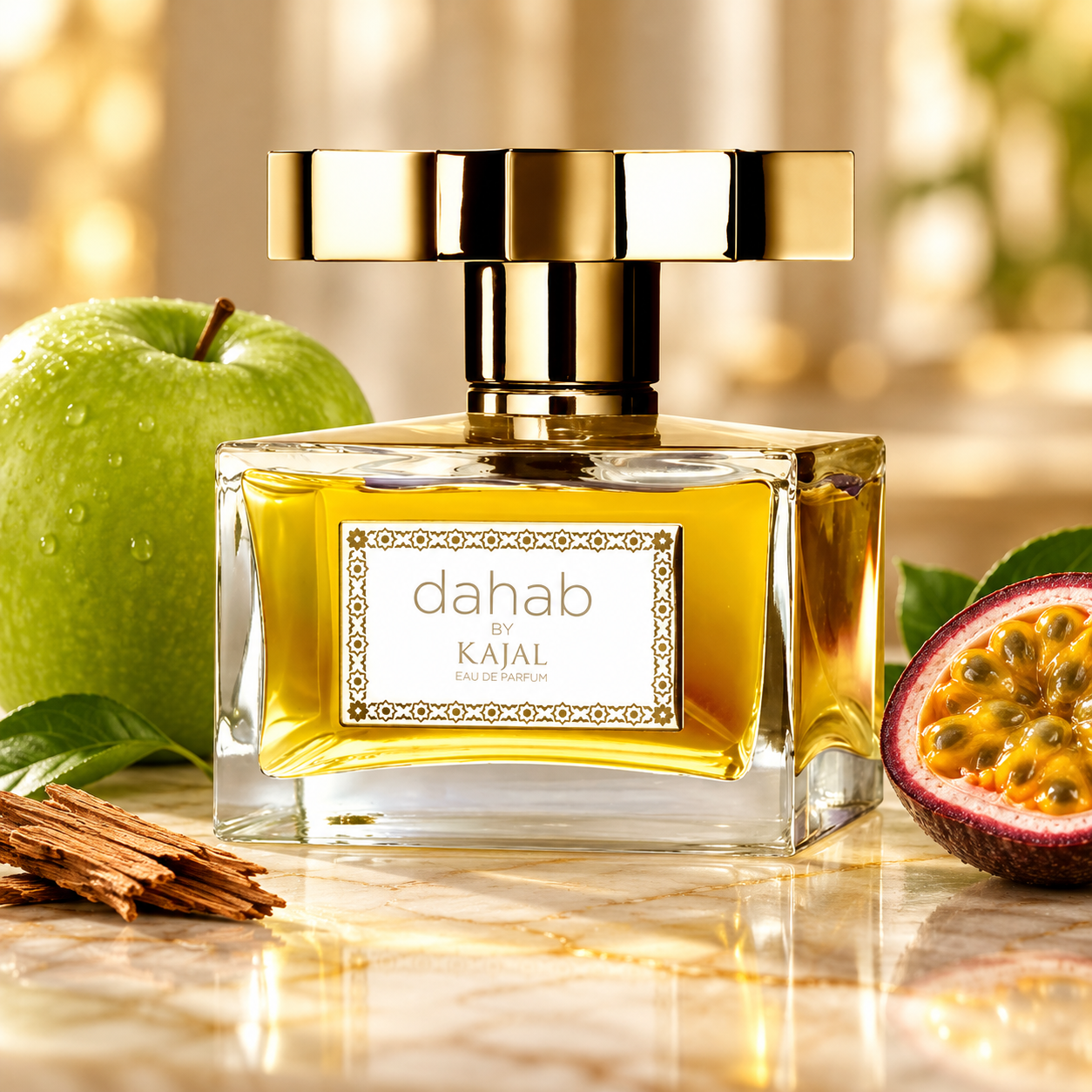 Kajal Dahab golden bottle beside a whole green apple, a passionfruit half and cedar on ivory marble in warm window light.