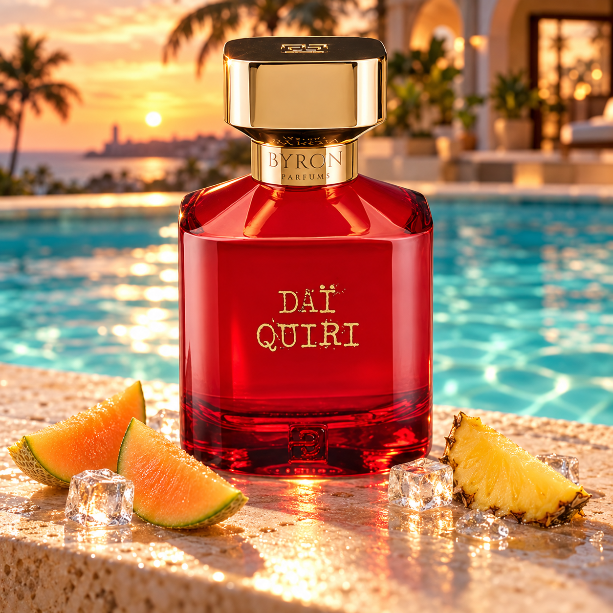 Byron Parfums Dai Quiri red bottle beside melon and pineapple wedges with ice on a poolside ledge at sunset.