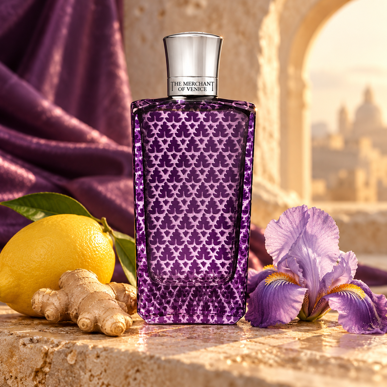The Merchant of Venice Damascus Desert purple bottle beside a whole lemon, ginger and iris on stone with plum silk in warm light.