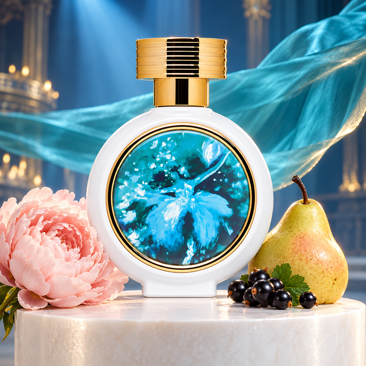 HFC Dancing Queen white and gold bottle beside peony, a whole pear and blackcurrants with flowing teal fabric and soft stage lighting.
