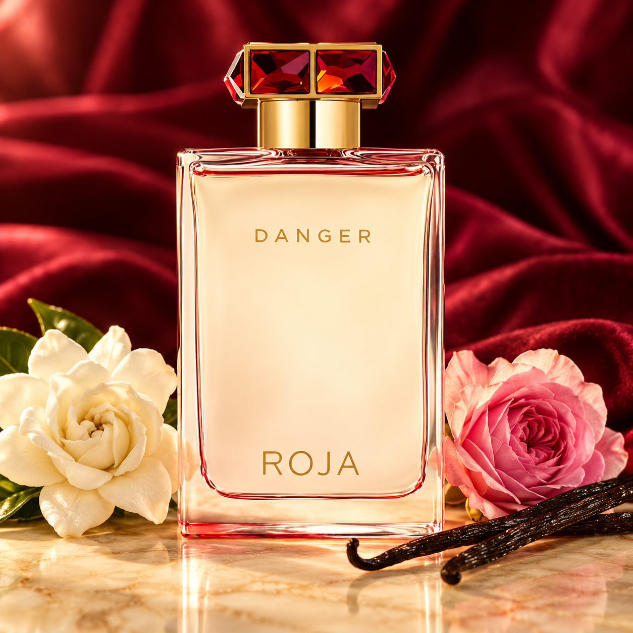 Roja Danger Pour Femme Essence de Parfum bottle with red jeweled cap beside gardenia, pink rose and vanilla pods against burgundy silk.
