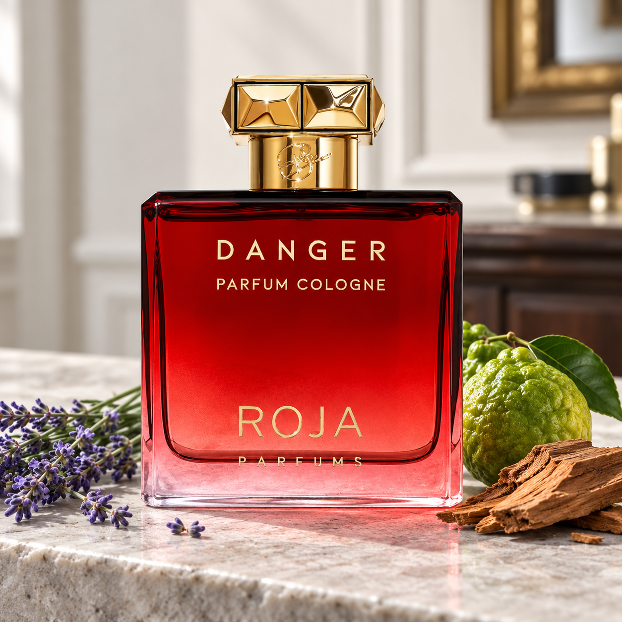 Roja Danger Pour Homme Parfum Cologne red bottle beside lavender, a whole bergamot and cedar on pale stone in soft daylight.