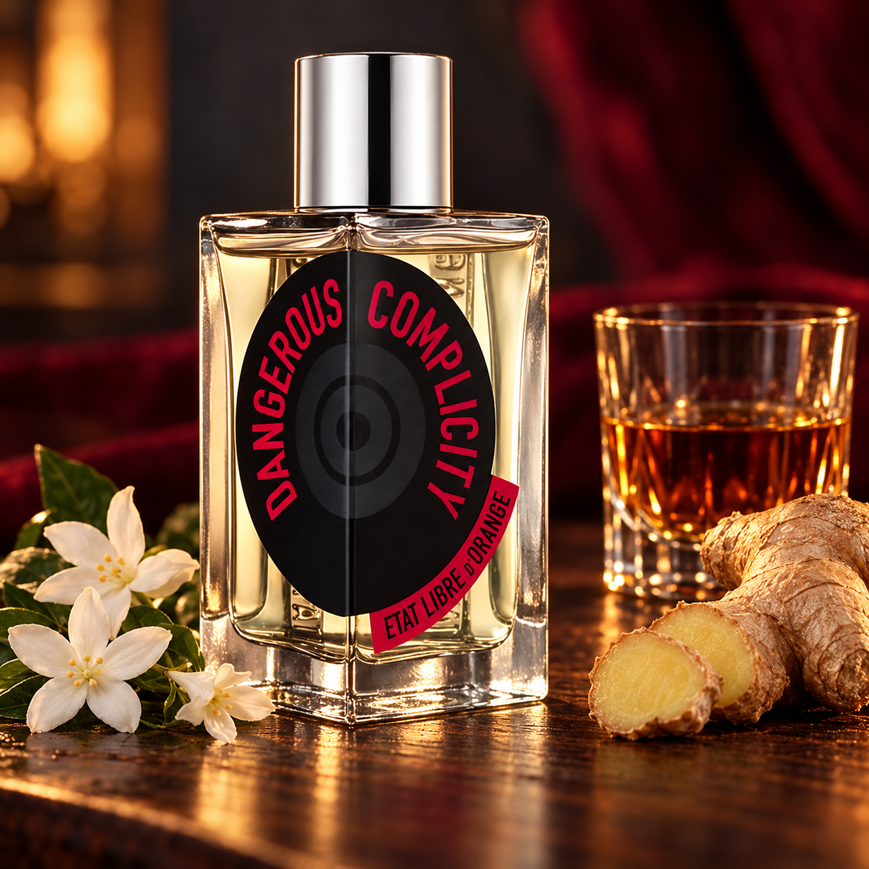 Etat Libre d'Orange Dangerous Complicity bottle beside jasmine, fresh ginger and a glass of rum on dark wood in warm amber light.