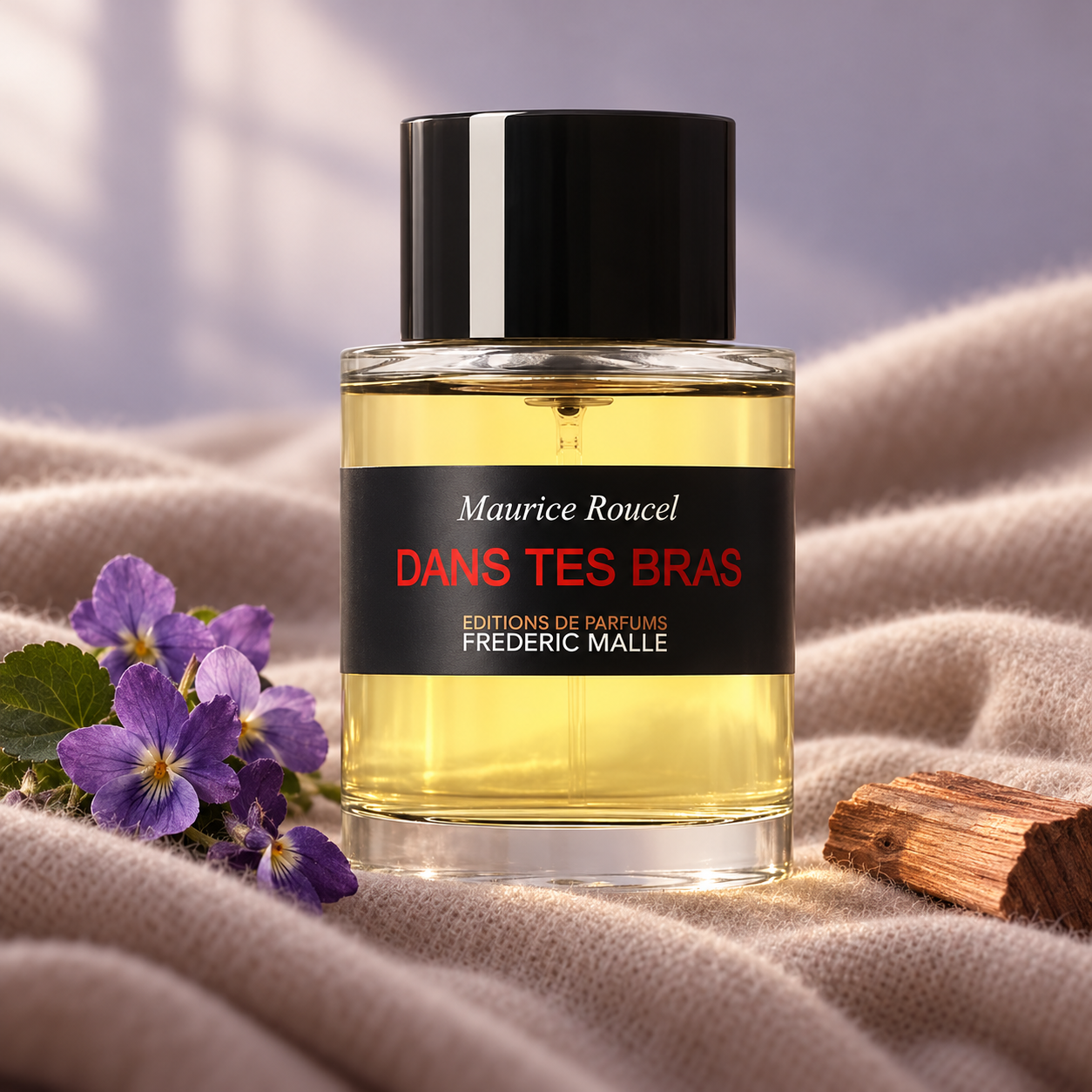 Frederic Malle Dans Tes Bras bottle beside violet flowers and sandalwood on soft taupe fabric in gentle window light.