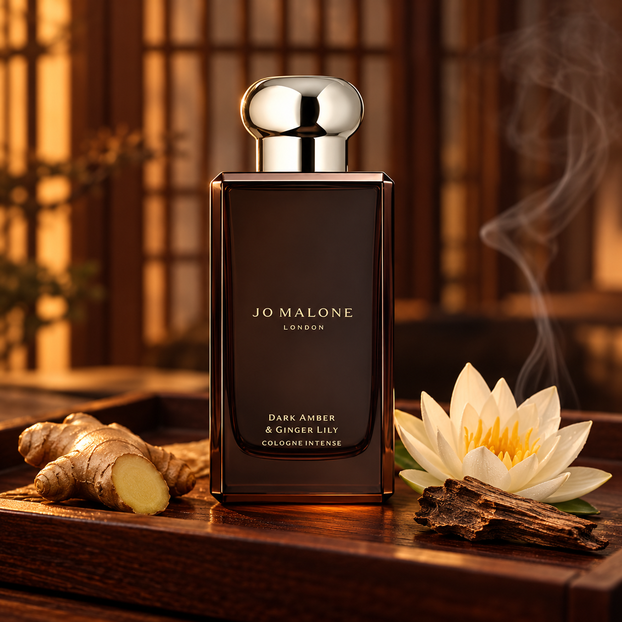 Jo Malone London Dark Amber & Ginger Lily bottle beside ginger, a white water lily and incense wood on a warm wooden tray.