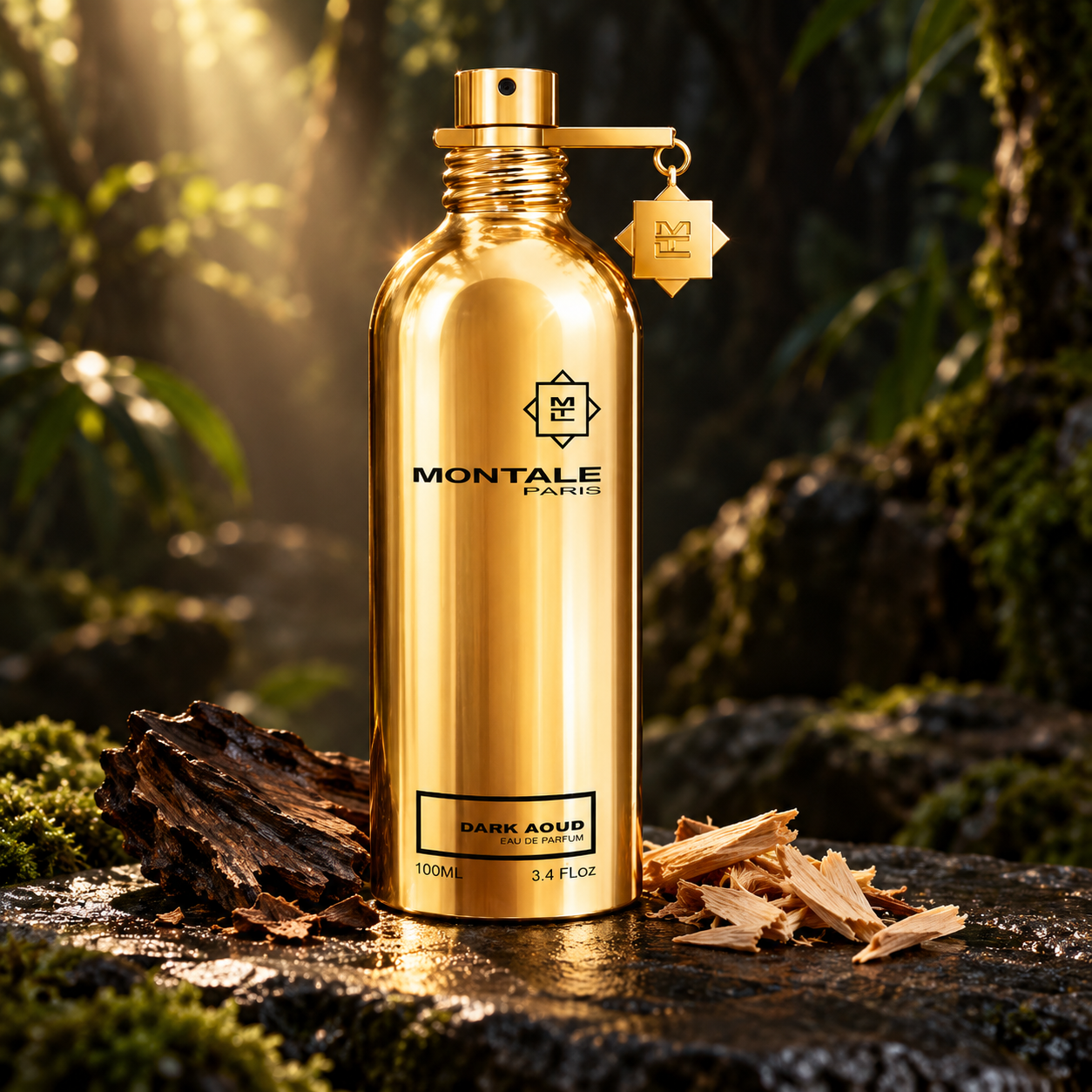Montale Dark Aoud gold bottle beside oud wood and sandalwood shavings on dark stone in softly lit forest surroundings.