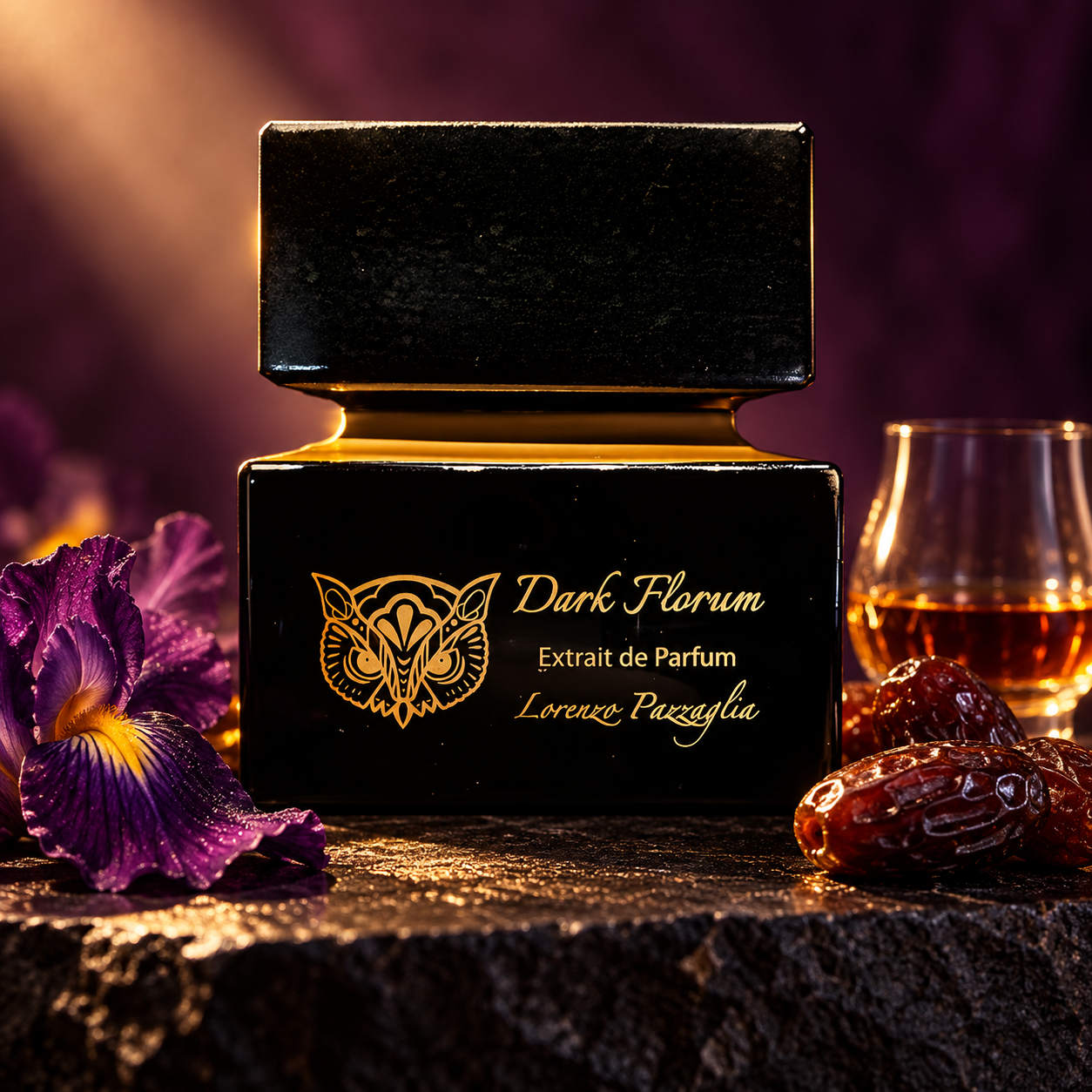 Lorenzo Pazzaglia Dark Florum black and gold bottle beside purple iris, whole dates and a glass of rum on dark stone in warm light.