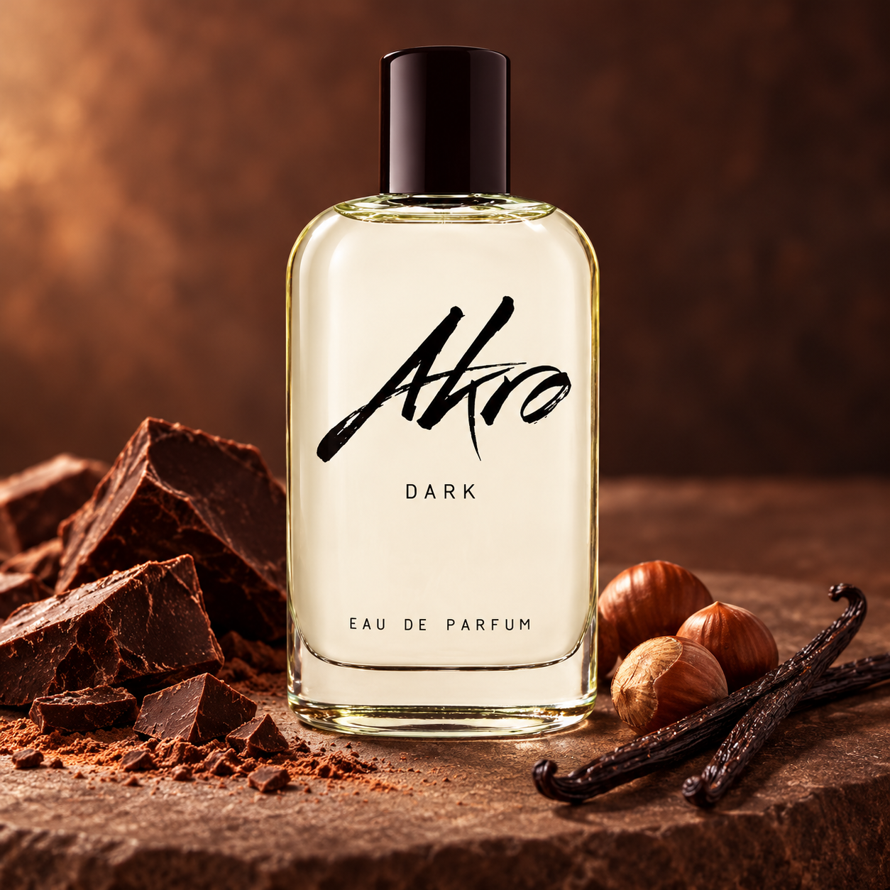 Akro Dark bottle beside dark chocolate, hazelnuts and vanilla pods on cocoa-brown stone in warm side light.