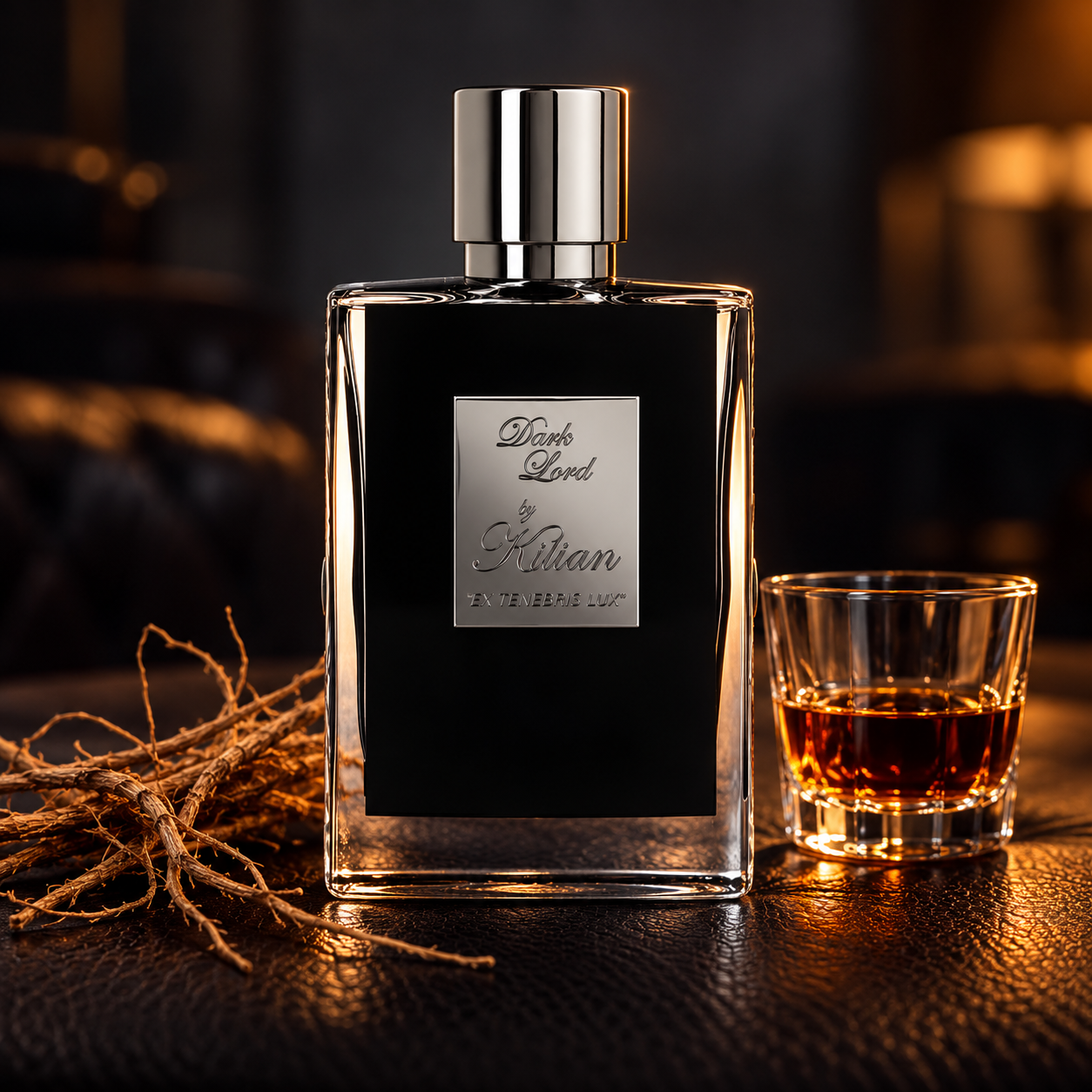 Kilian Dark Lord EX TENEBRIS LUX bottle beside vetiver roots and a glass of rum on black leather in warm evening light.