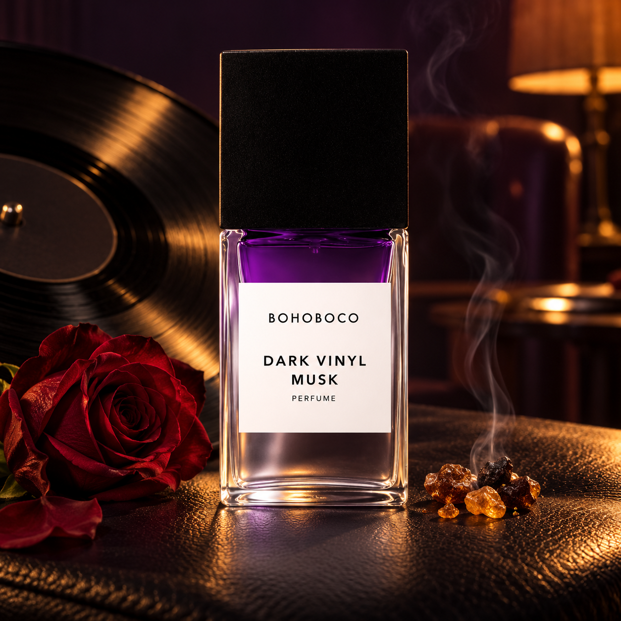 Bohoboco Dark Vinyl Musk bottle beside a red rose and incense resin on black leather with a vinyl record and warm lounge lighting.