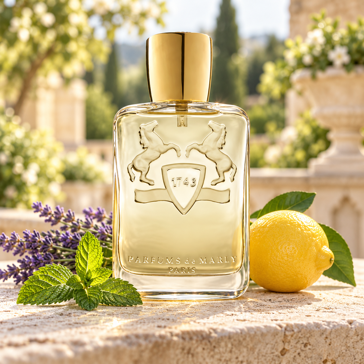 Parfums de Marly Darley bottle beside mint, lavender and a whole lemon on sunlit limestone in a soft garden setting.