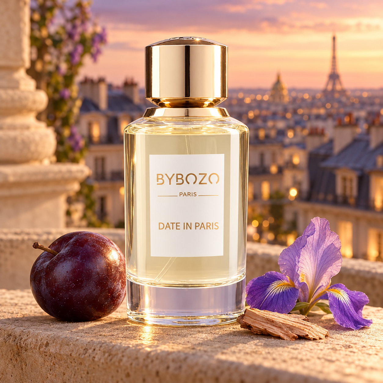 ByBozo Date in Paris bottle beside a whole plum, iris and cedar on a stone balcony above Paris rooftops at sunset.