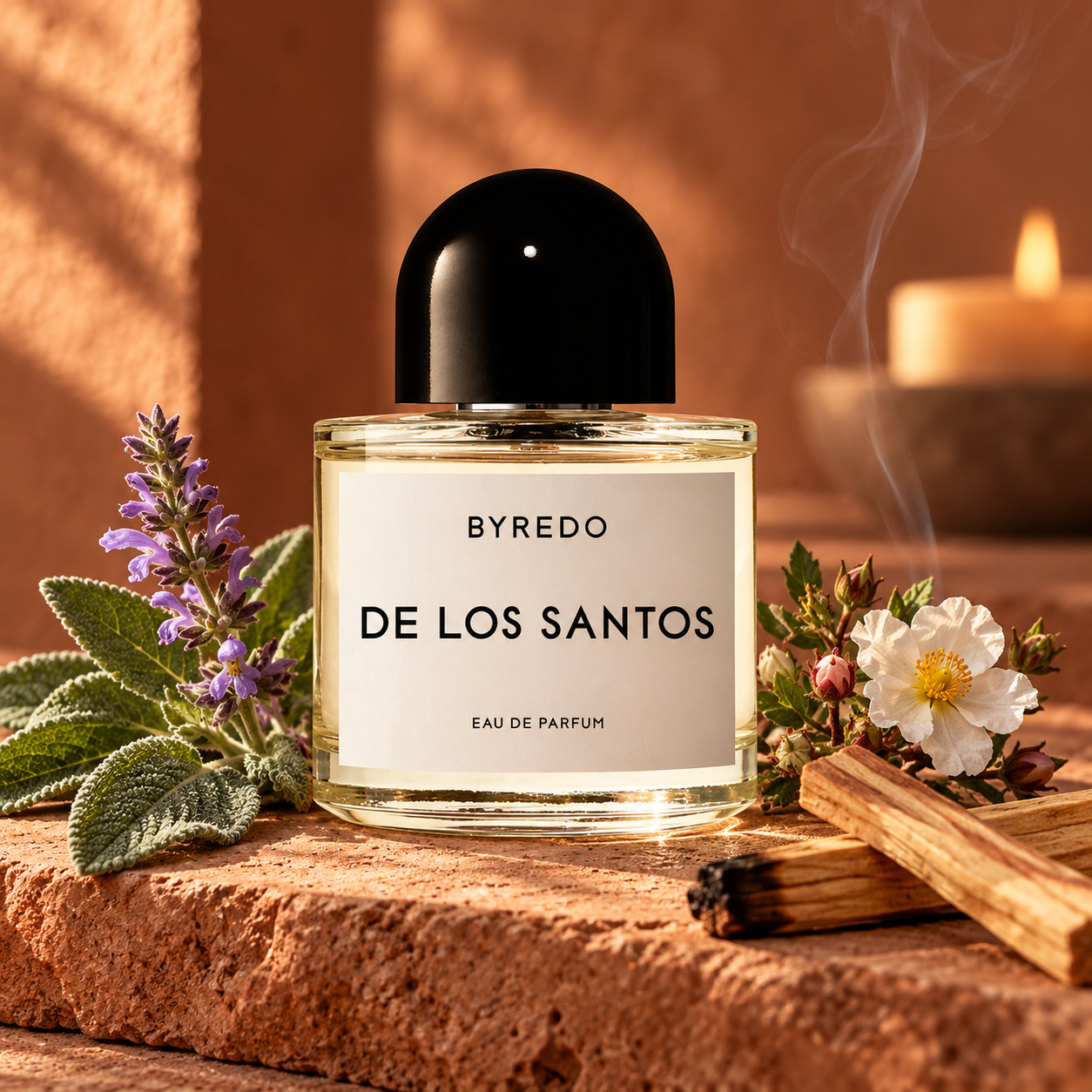 Byredo De Los Santos bottle beside sage, cistus flowers and smoking palo santo on terracotta stone in warm light with a candle behind.