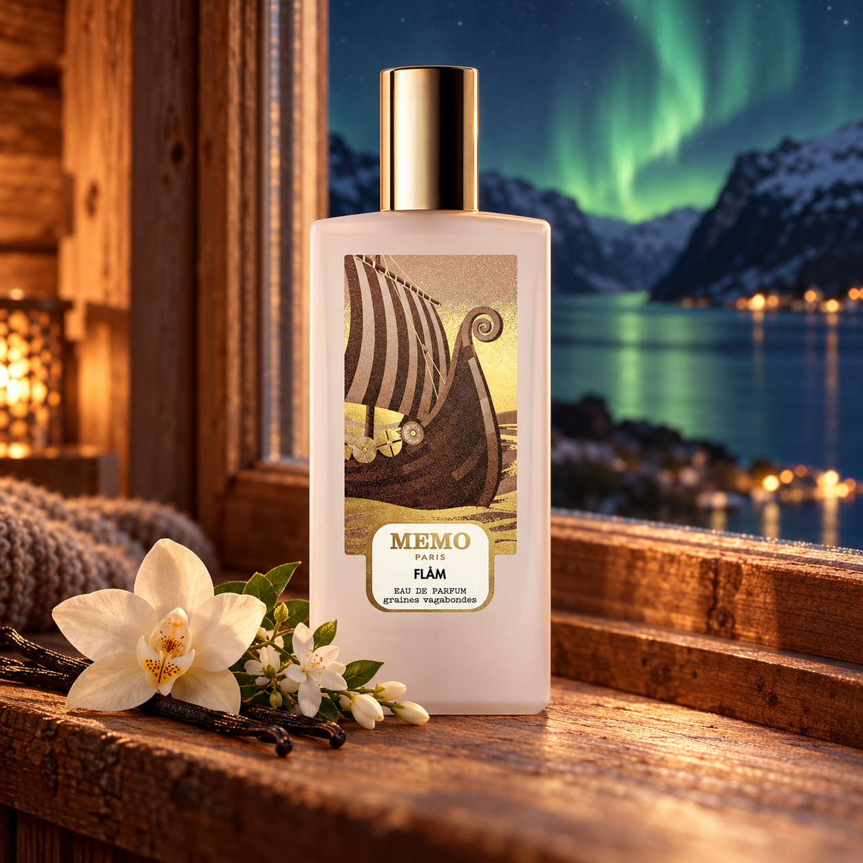 Memo Paris Flam with vanilla and jasmine on a wooden windowsill overlooking a fjord beneath the northern lights.