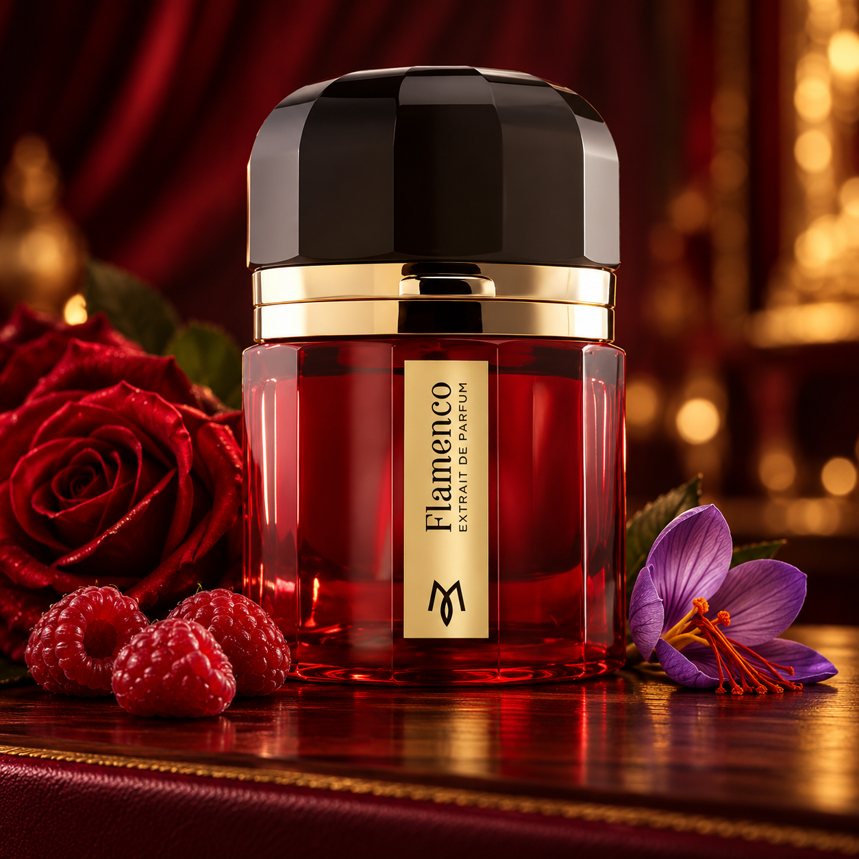 Ramon Monegal Flamenco Extrait with a red rose, raspberries and a purple saffron crocus on dark wood and burgundy leather.