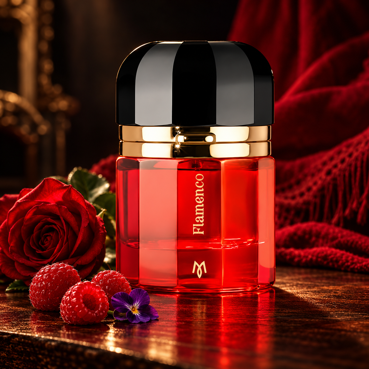 Ramon Monegal Flamenco with a red rose, raspberries and a violet on dark wood beside red fabric.