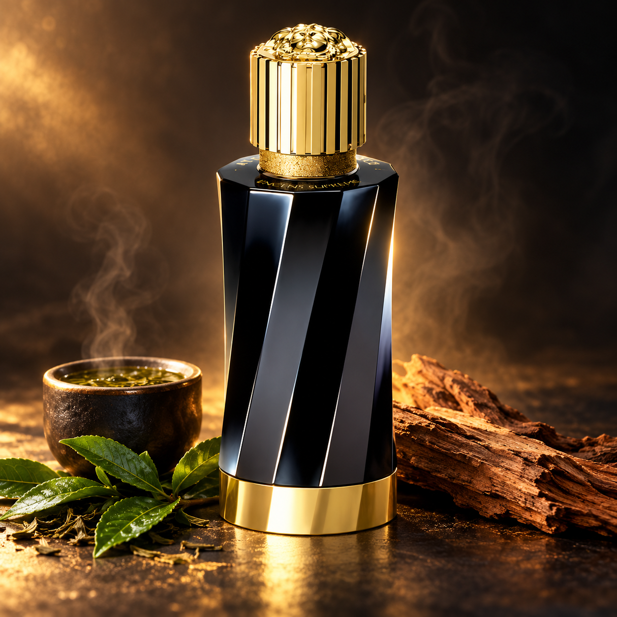 Versace Fleur de Mate with a cup of tea, green leaves and cedar in a smoky, warmly lit dark setting.