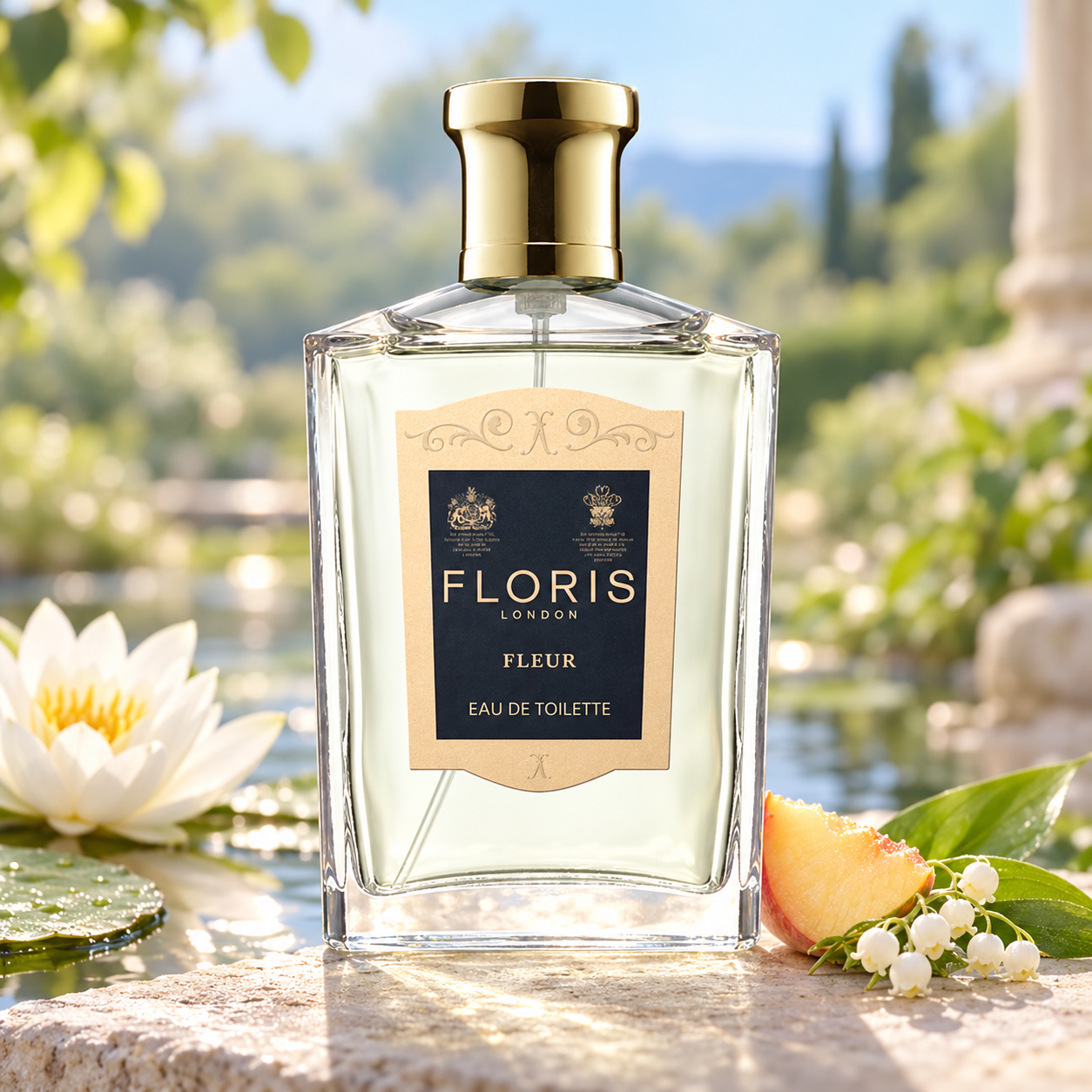 Floris Fleur beside a lily pond with a white water lily, peach wedge and lily-of-the-valley in soft morning light.