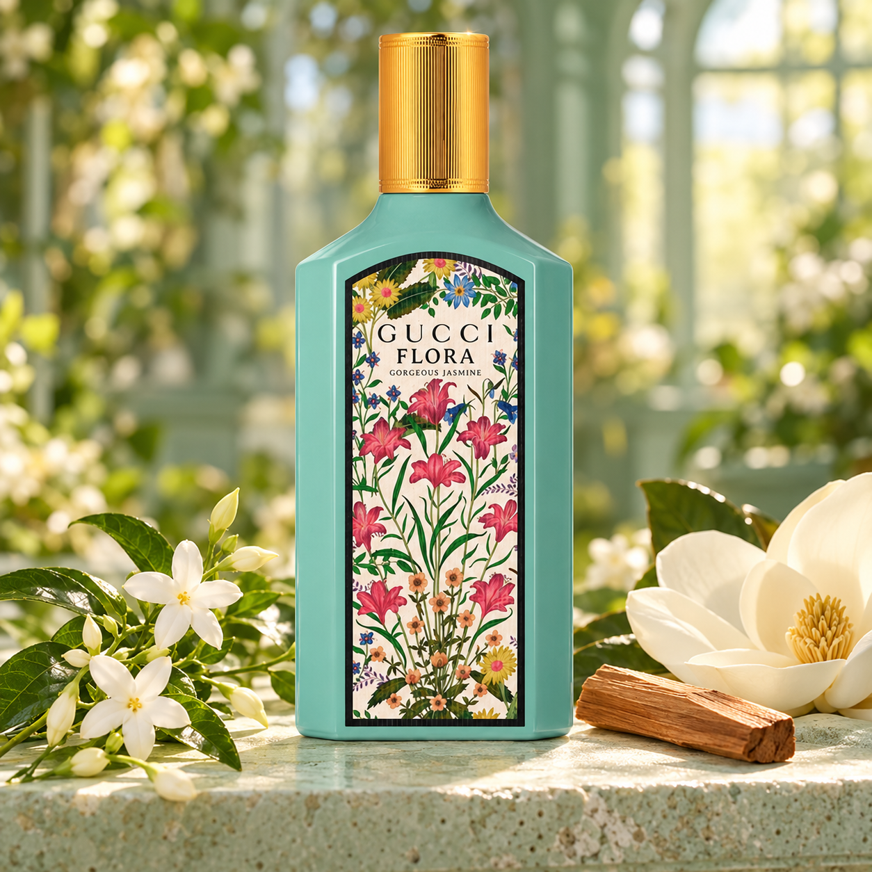Gucci Flora Gorgeous Jasmine with white jasmine, a magnolia blossom and sandalwood on mint stone in sunlit conservatory surroundings.
