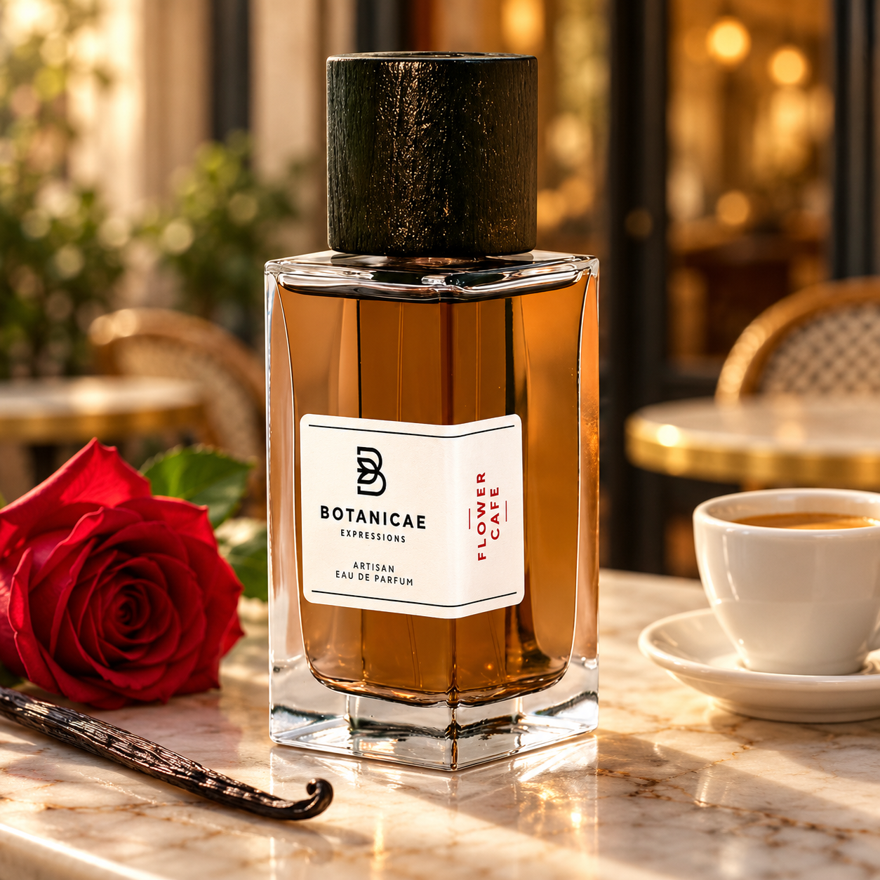 Botanicae Flower Cafe on a marble café table with a red rose, espresso and vanilla pod in warm evening light.