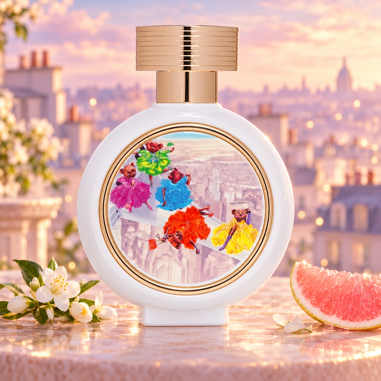 HFC Fly To Miracle with jasmine and a pink pomelo wedge against a dreamy pastel rooftop skyline.