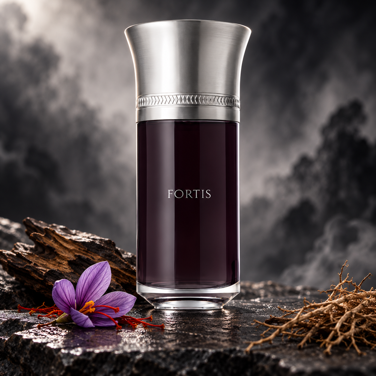 Liquides Imaginaires Fortis bottle on dark stone with oud wood, a purple saffron crocus and vetiver roots against a smoky gray background.