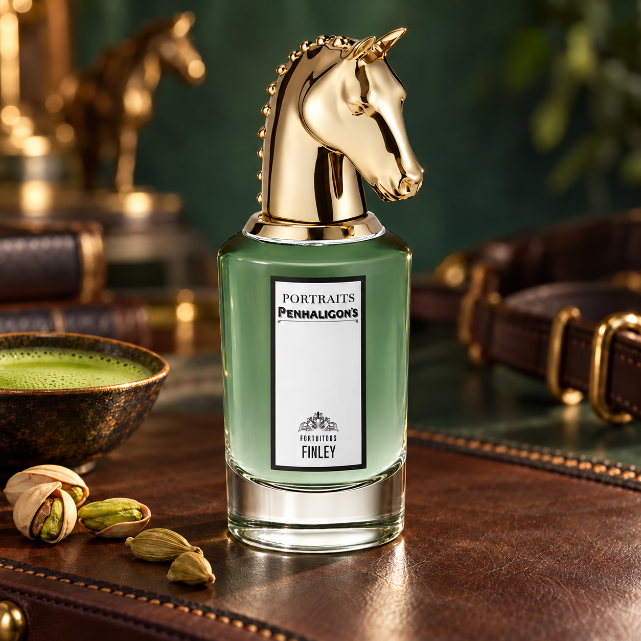 Penhaligon's Fortuitous Finley green bottle with gold horse cap on brown leather beside matcha tea, pistachios and cardamom.