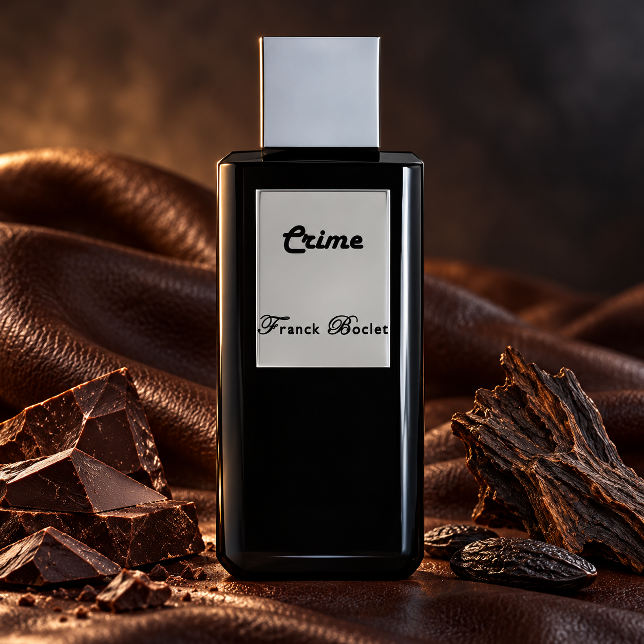 Franck Boclet Crime black perfume bottle with dark chocolate, tonka beans and wood on brown leather in warm side lighting.