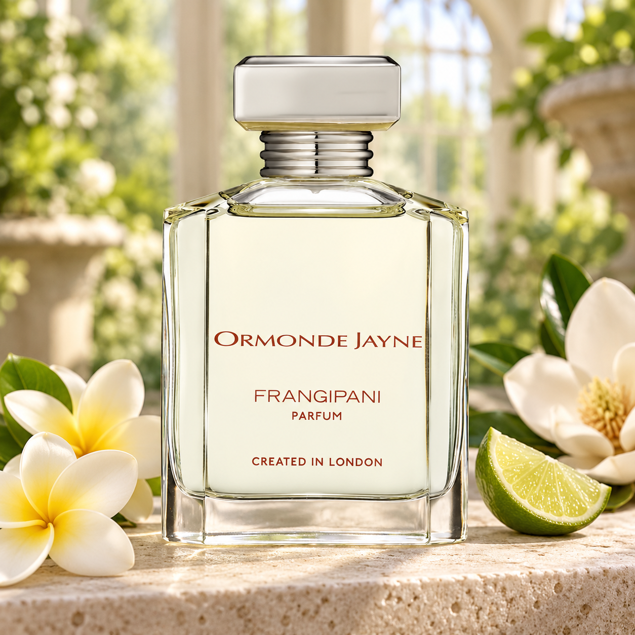 Ormonde Jayne Frangipani bottle on pale limestone with frangipani flowers, magnolia and a lime wedge in a sunlit conservatory.