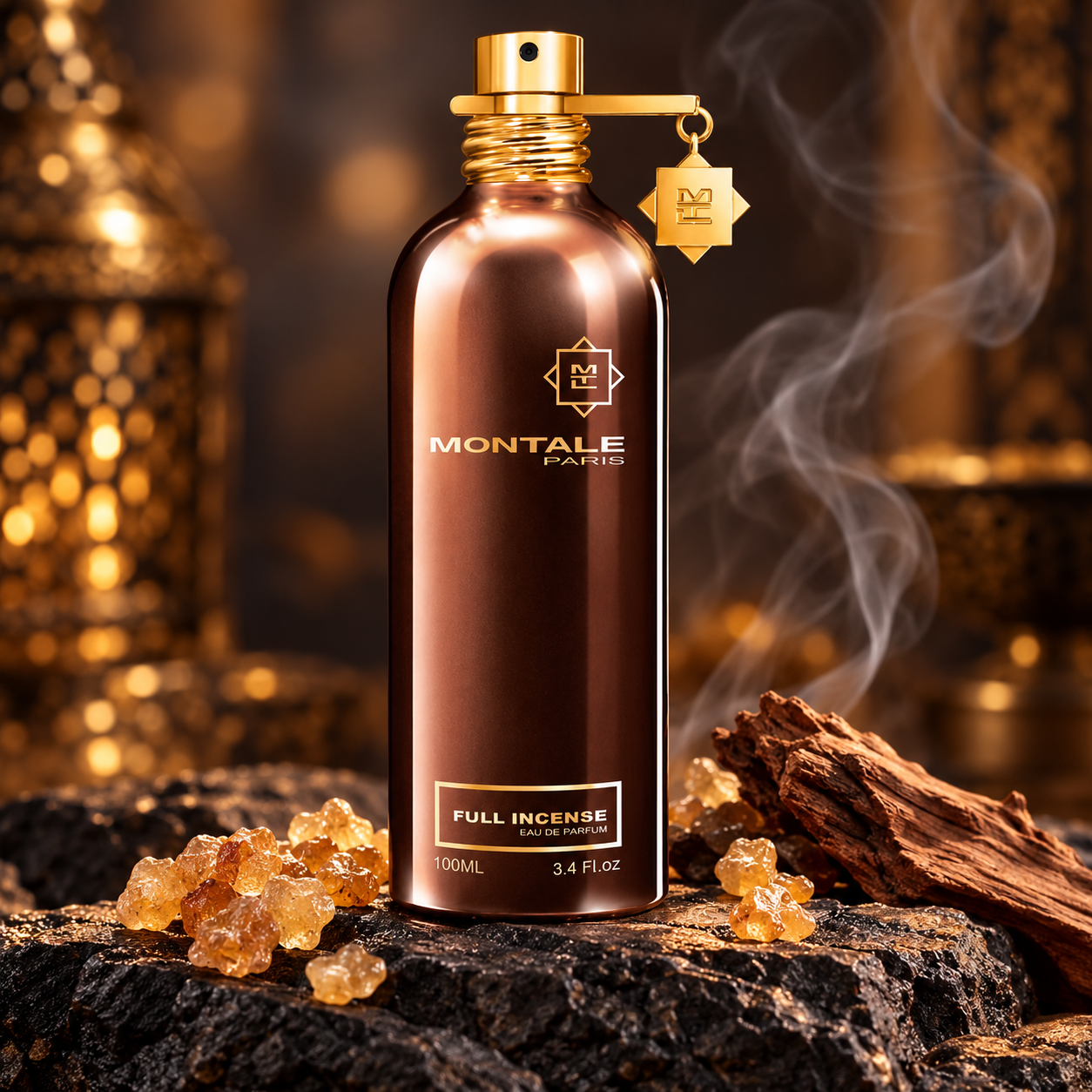 Montale Full Incense bronze bottle with frankincense resin, cedar and curling smoke on dark stone in warm golden light.