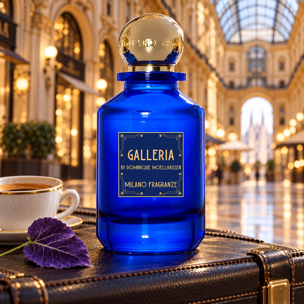 Milano Fragranze Galleria cobalt blue bottle on a leather travel case beside espresso and a purple leaf, with a softly blurred Milan shopping arcade behind.