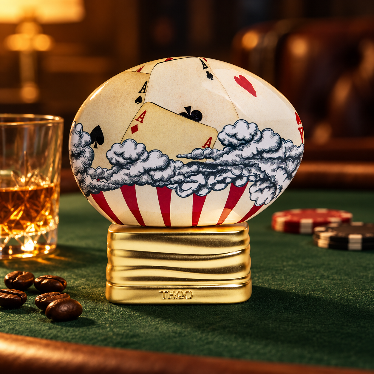 The House of Oud Gambling playing-card bottle on green felt beside whisky, coffee beans and poker chips in warm lounge light.