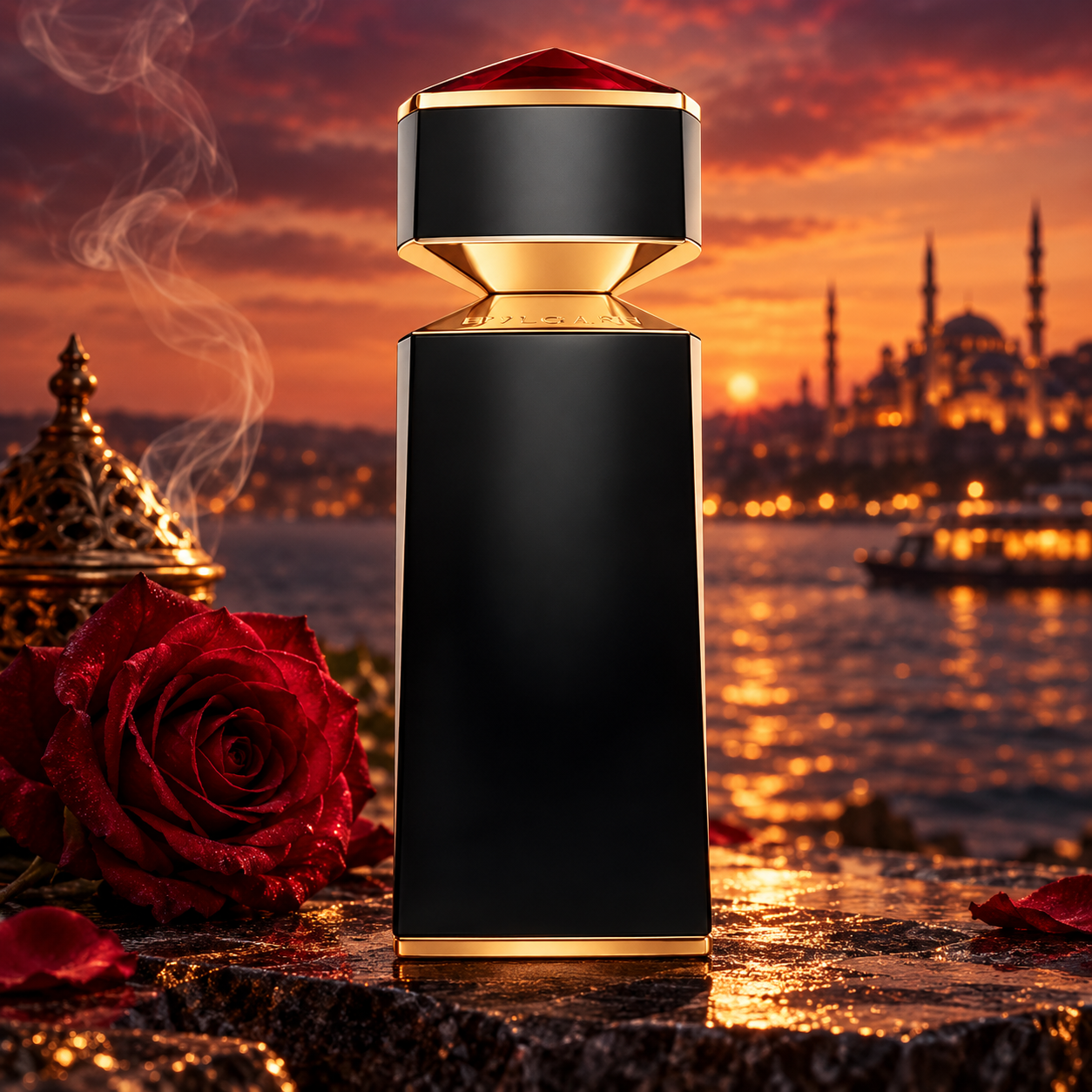 Bvlgari Garanat black and gold bottle with a crimson cap beside a red rose and incense smoke overlooking the Bosphorus at sunset.