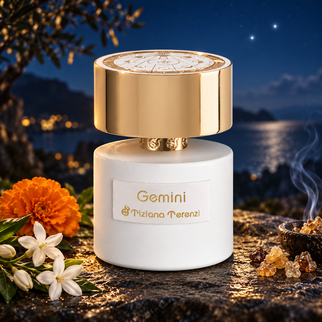 Tiziana Terenzi Gemini white and gold bottle beside marigold, jasmine and incense resin beneath a deep-blue starry sky.