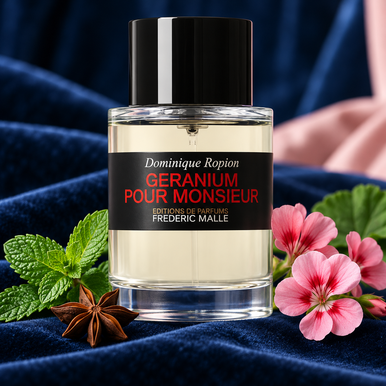 Frédéric Malle Geranium Pour Monsieur bottle on blue velvet beside mint, pink geranium flowers and star anise.