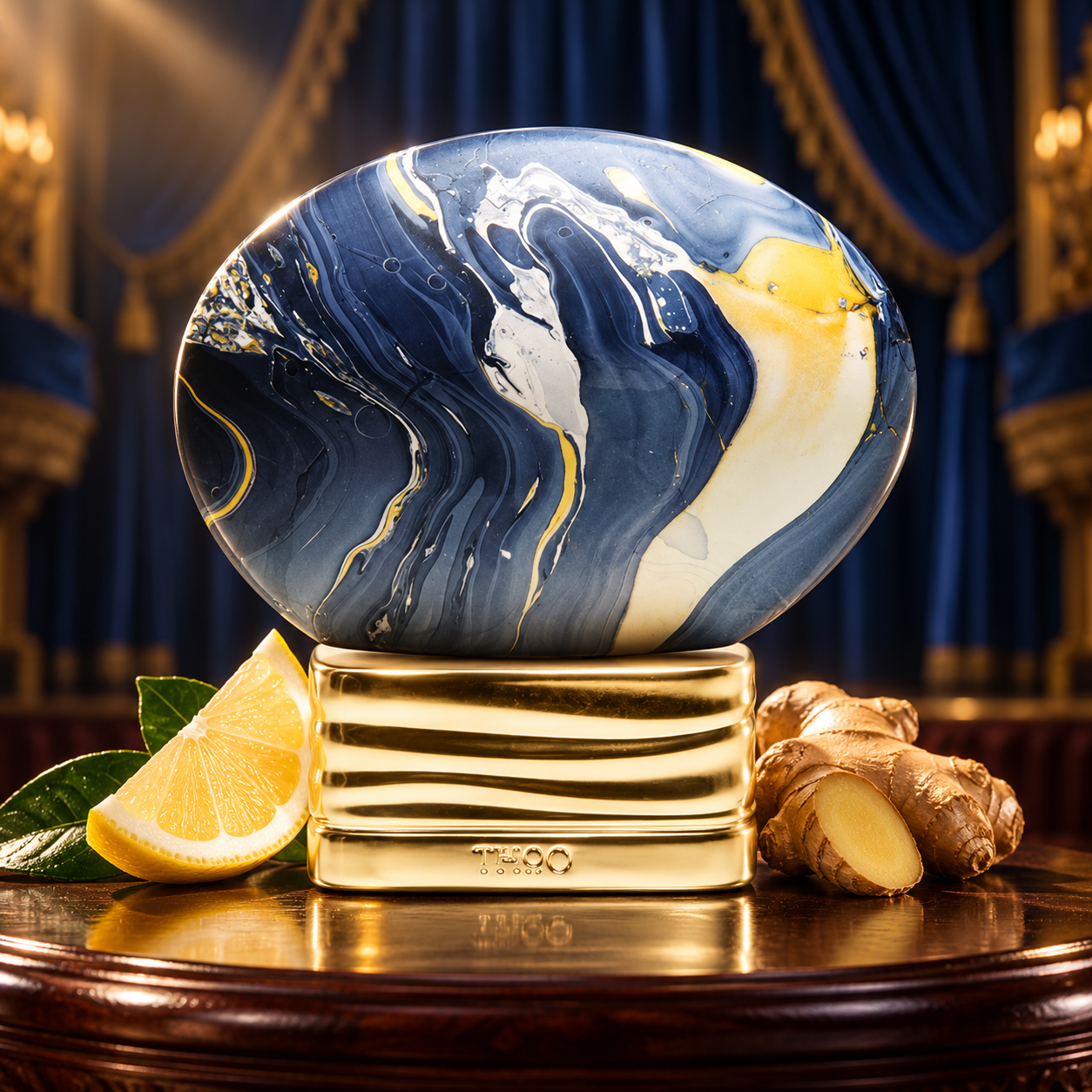 The House of Oud Get The Feeling marbled bottle beside lemon and ginger against softly lit blue opera curtains.