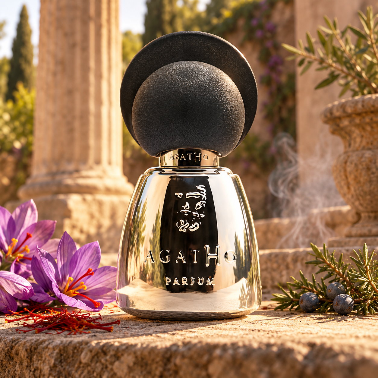 Agatho Giardinodiercole bottle on sunlit stone beside saffron crocuses and juniper berries in an ancient courtyard setting.