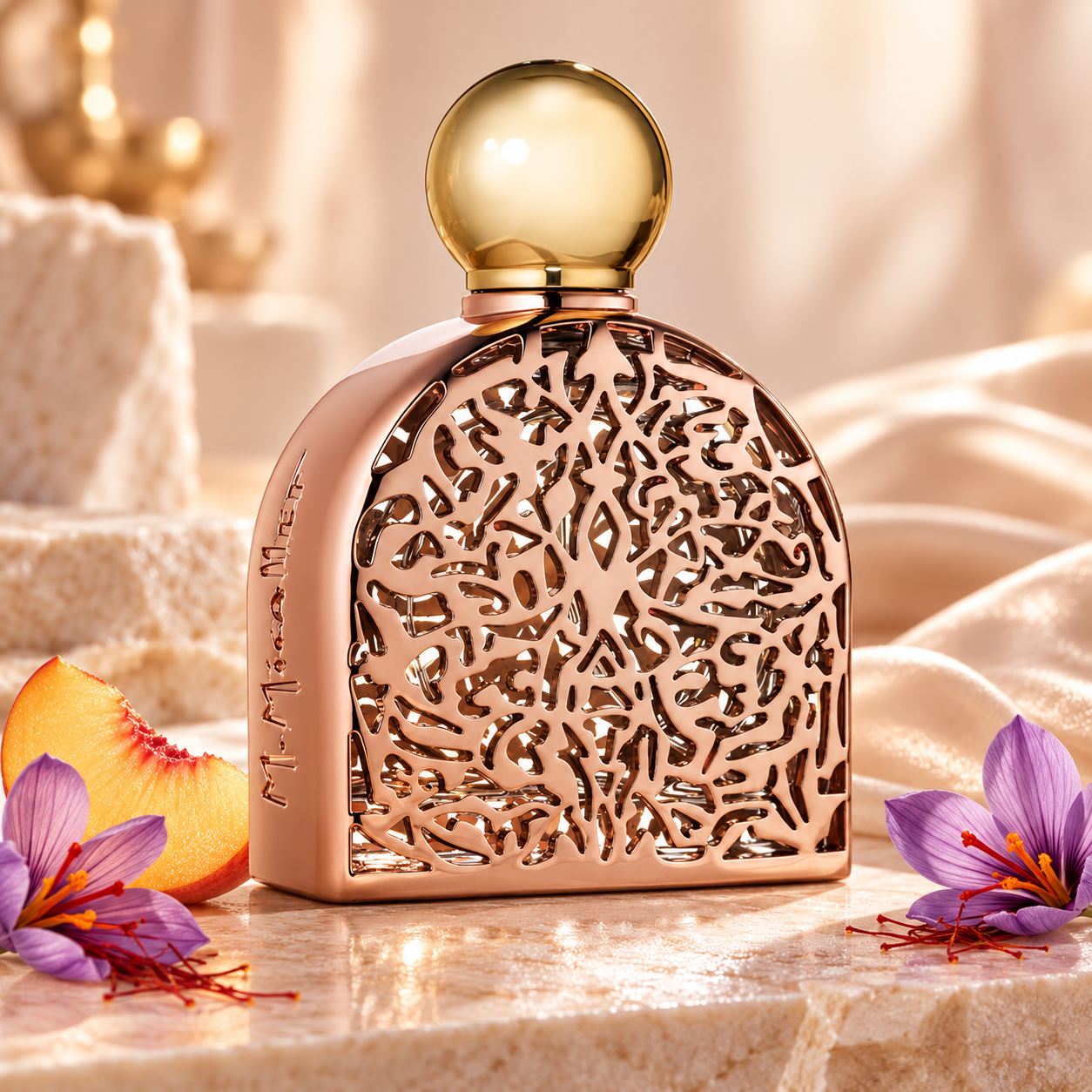 M. Micallef Glamour filigree bottle beside a peach slice and saffron crocuses against softly lit ivory satin.