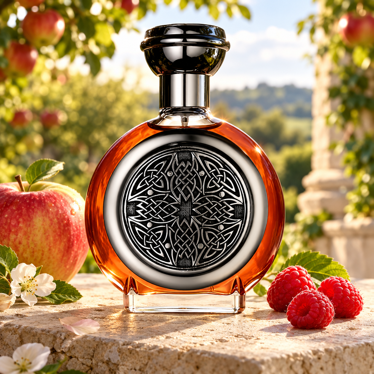 Boadicea the Victorious Glorious bottle on sunlit stone beside an apple and raspberries in a softly blurred orchard.