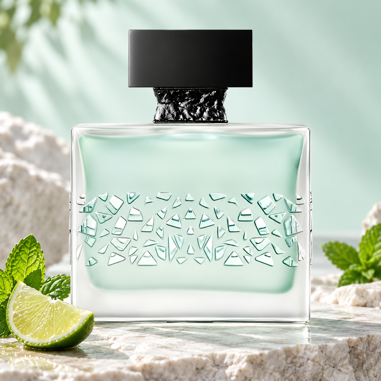 M. Micallef GNTONIC frosted bottle on pale stone beside a lime wedge and fresh mint in soft daylight.