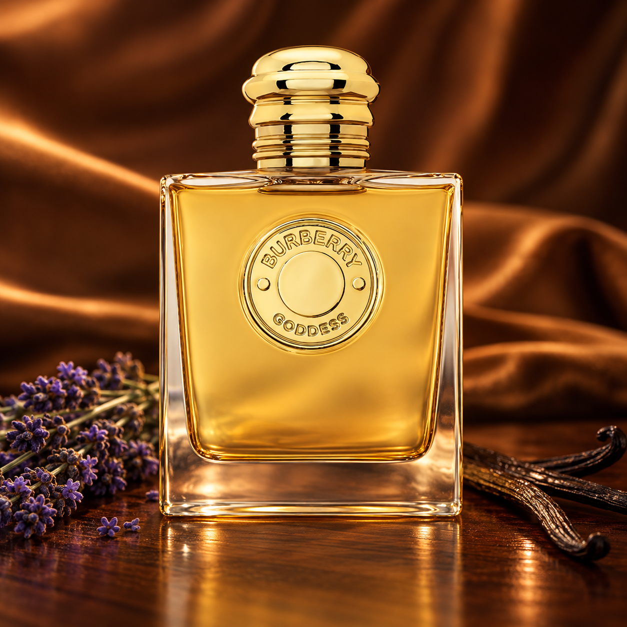 Burberry Goddess Intense amber bottle with lavender and vanilla pods against warm brown satin.