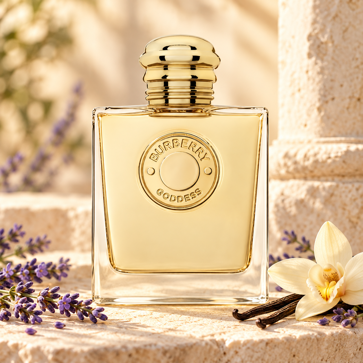 Burberry Goddess bottle on ivory stone with lavender, vanilla pods and a pale orchid in golden daylight.
