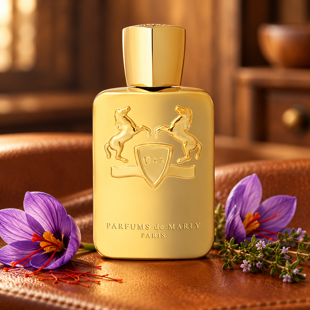 Parfums de Marly Godolphin gold bottle on cognac leather with saffron crocuses and thyme.